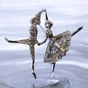 Vintage Signed PELL Clear Rhinestone Pave Ballet Dancers Couple Figural Brooch